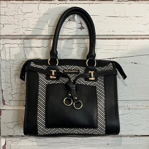 NWOT BIG BUDDHA Black and CREAM Chevron Print Satchel Hand Bag Vegan Leather